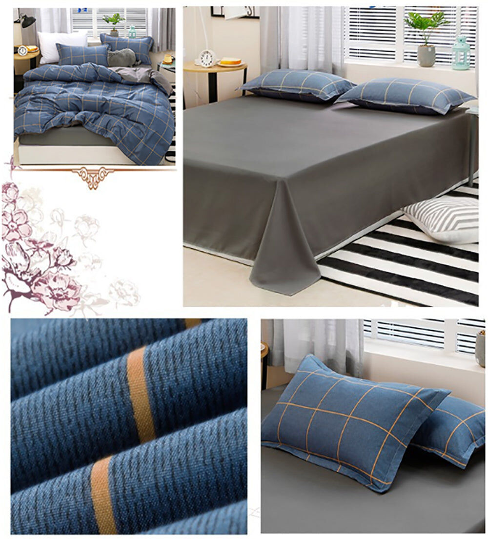 Blue Plaid Pattern Aloe Cotton Flat Sheet Quilt Cover Pillowcases 4pcs Bedding Set Duvet Doona Quilt Cover Set (King) Price