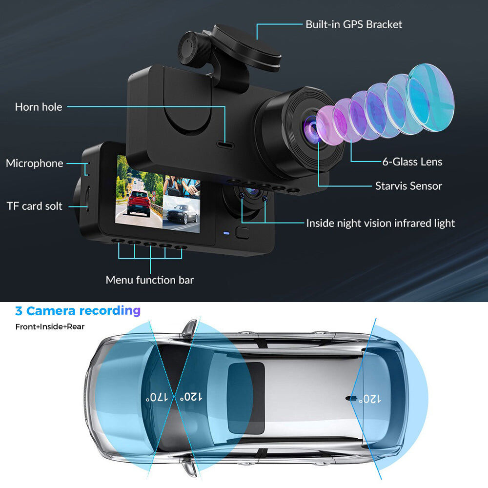 3 Channel Car DVR HD 1080P Vehicle Dash Cam Three Way Camera DVRs Recorder with 32 GB Card Price