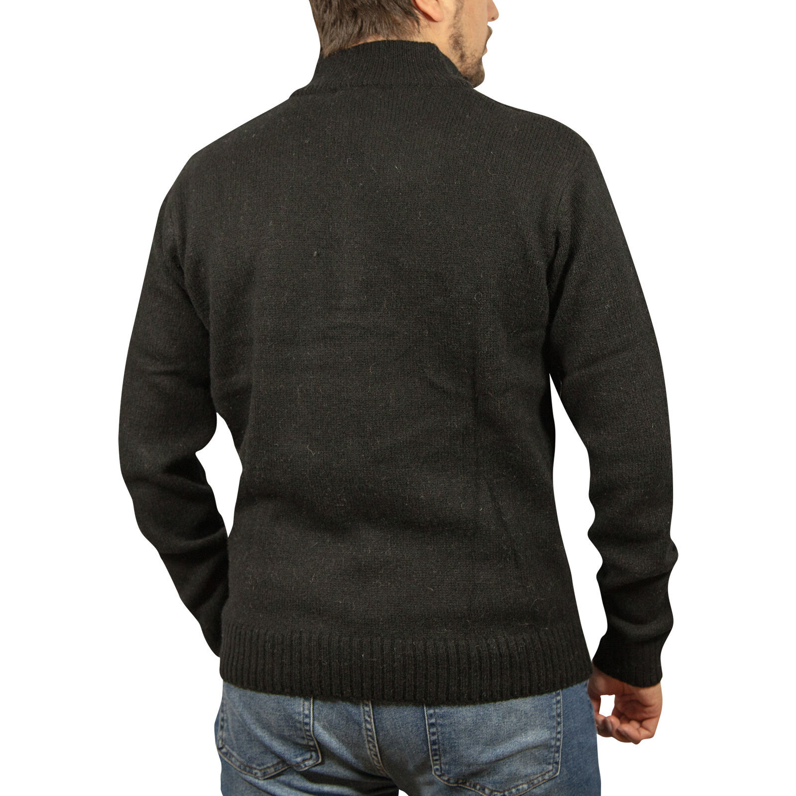 100% SHETLAND WOOL Half Zip Up Knit JUMPER Pullover Mens Sweater Knitted - Plain Black - 5XL Price