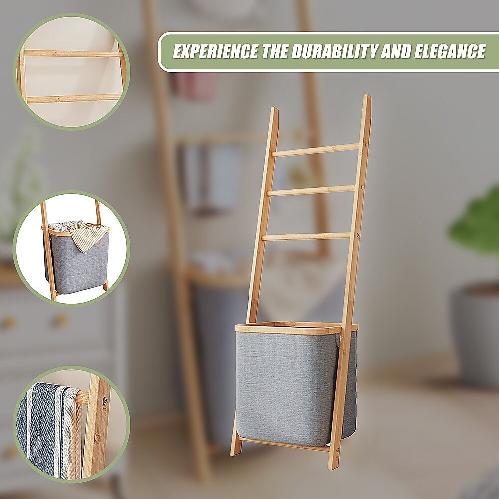 Wall Leaning Ladder Shelf with Laundry Basket Clothes Hamper Bath Towel Rack in Grey Price