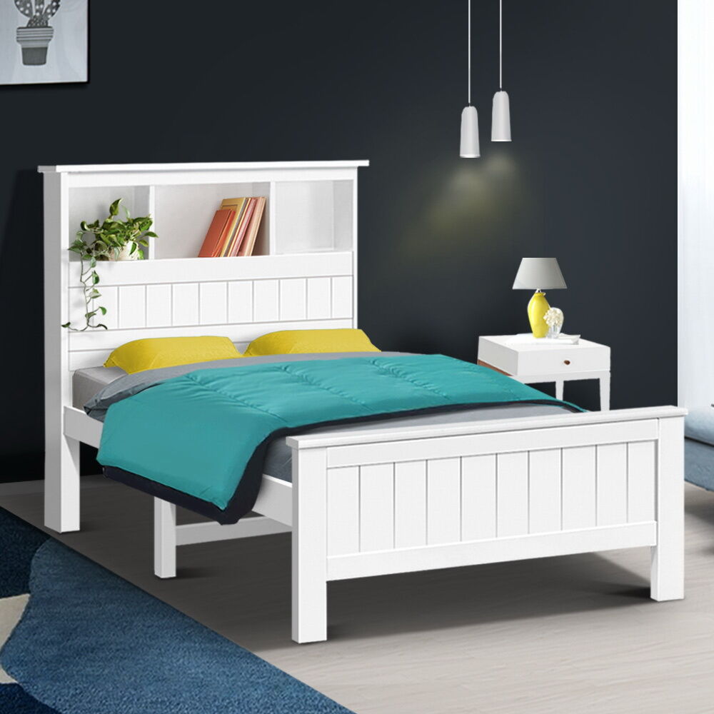Artiss Bed Frame King Single Size Wooden with 3 Shelves Bed Head White Price