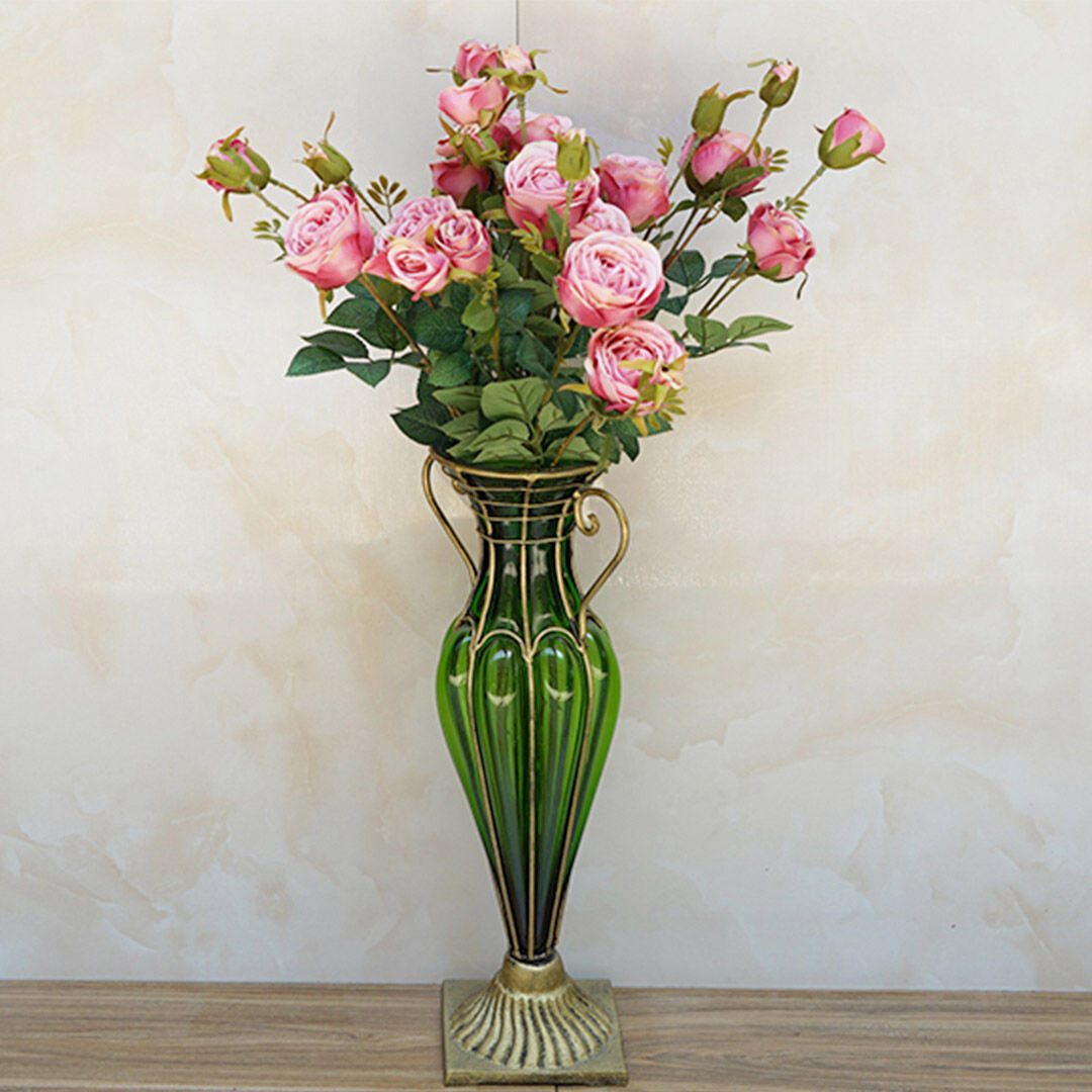 green colored glass flower vase with 8 bunch 5 heads artificial fake silk rose home decor set Price
