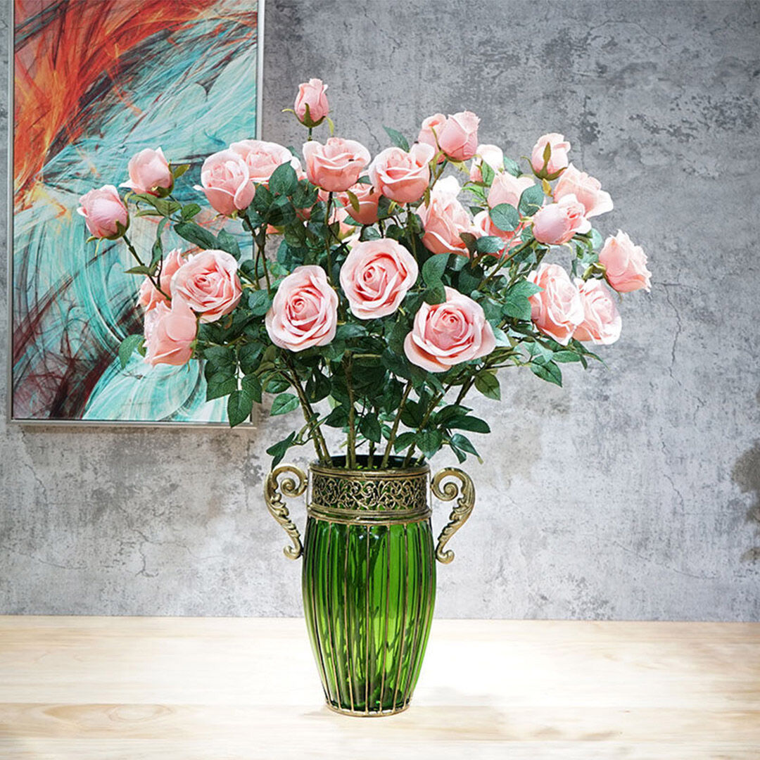 Green Glass Flower Vase with 8 Bunch 5 Heads Artificial Fake Silk Rose Home Decor Set Price