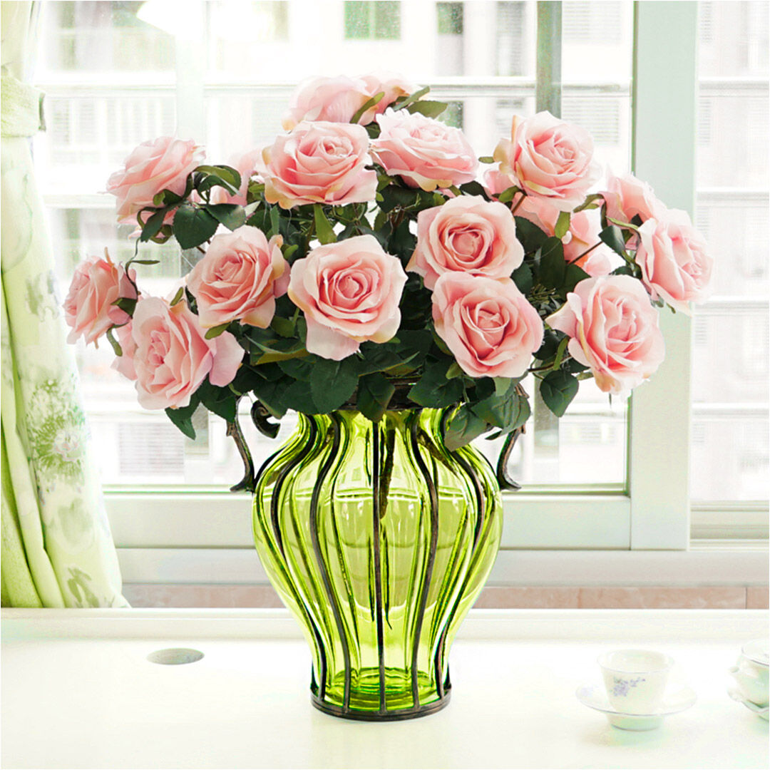 green colored glass flower vase with 4 bunch 9 heads artificial fake silk rose home decor set Price