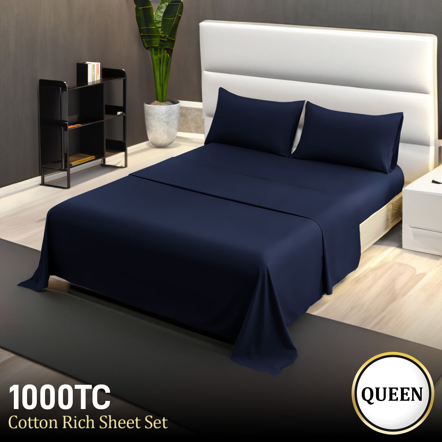 4pc 1000 Thread Count Cotton Rich Queen Bed Sheet Gift Pack CVC Microfibre Blend in Navy Price