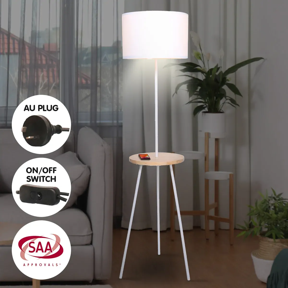 Sarantino Metal Tripod Floor Lamp Shade with Wooden Table Shelf Price