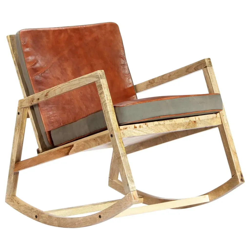 Rocking Chair Brown Real Leather and Solid Mango Wood Price