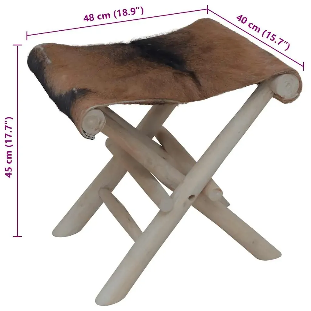 Folding Stool Goatskin Leather and Solid Teak Wood Price
