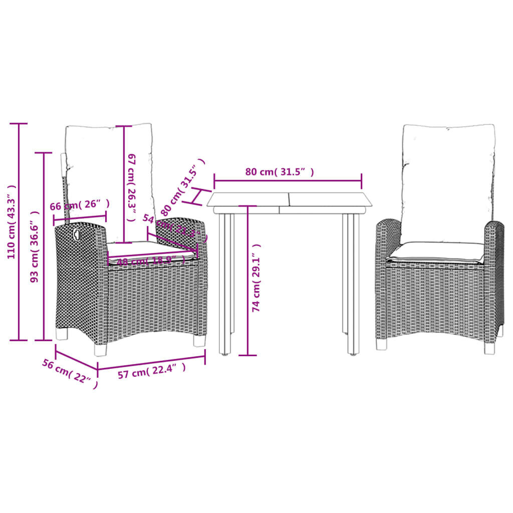 3 Piece Garden Dining Set with Cushions Black Poly Rattan Price
