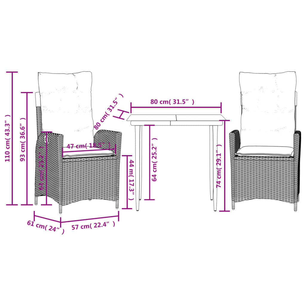 3 Piece Garden Dining Set with Cushions Black Poly Rattan Price