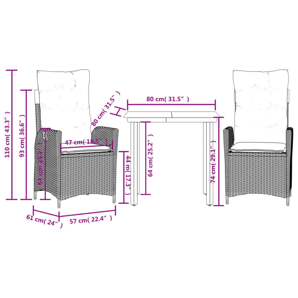 3 Piece Garden Dining Set with Cushions Black Poly Rattan Price