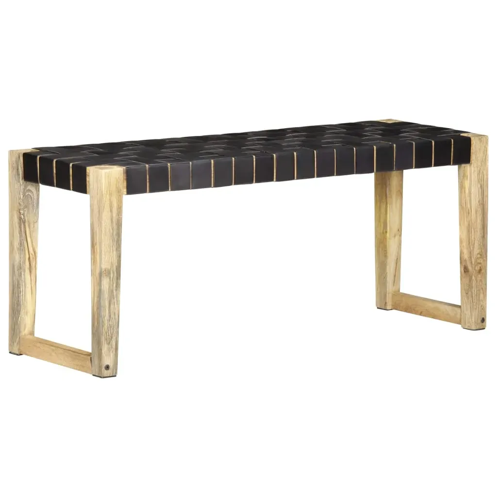 Bench 110 cm Black Real Leather and Solid Mango Wood Price