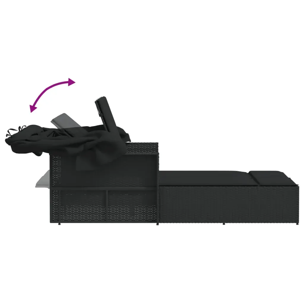 Double Sun Lounger with Canopy and Cushions Black Poly Rattan Price