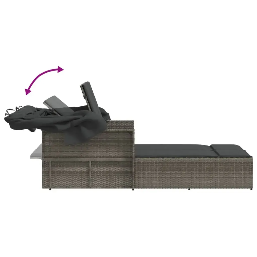 Double Sun Lounger with Canopy and Cushions Grey Poly Rattan Price