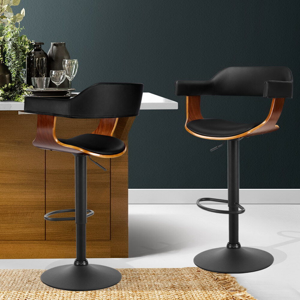 2x Bar Stools Gas Lift Leather w/Armrest All Black Price