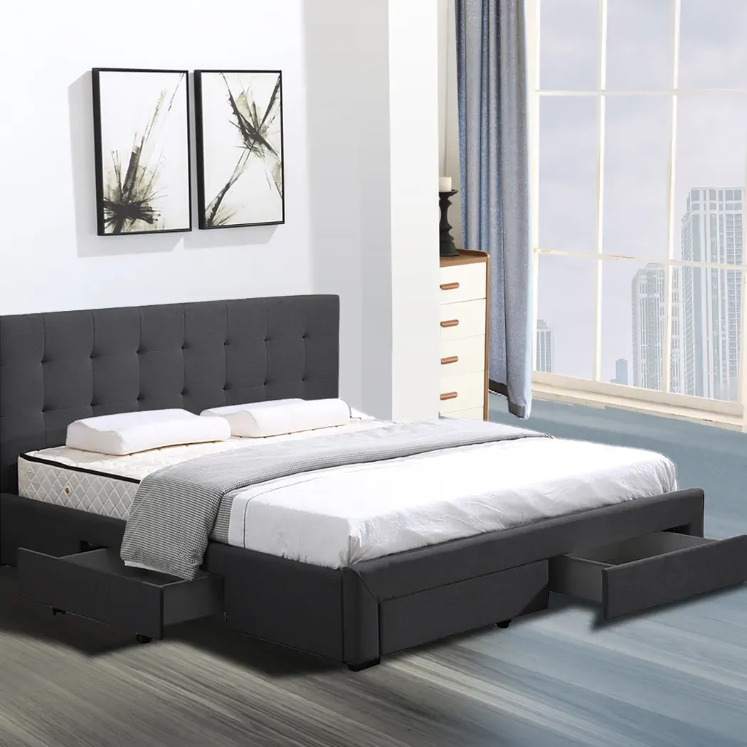 King Bed Frame Fabric 4 Storage Dark Grey Price
