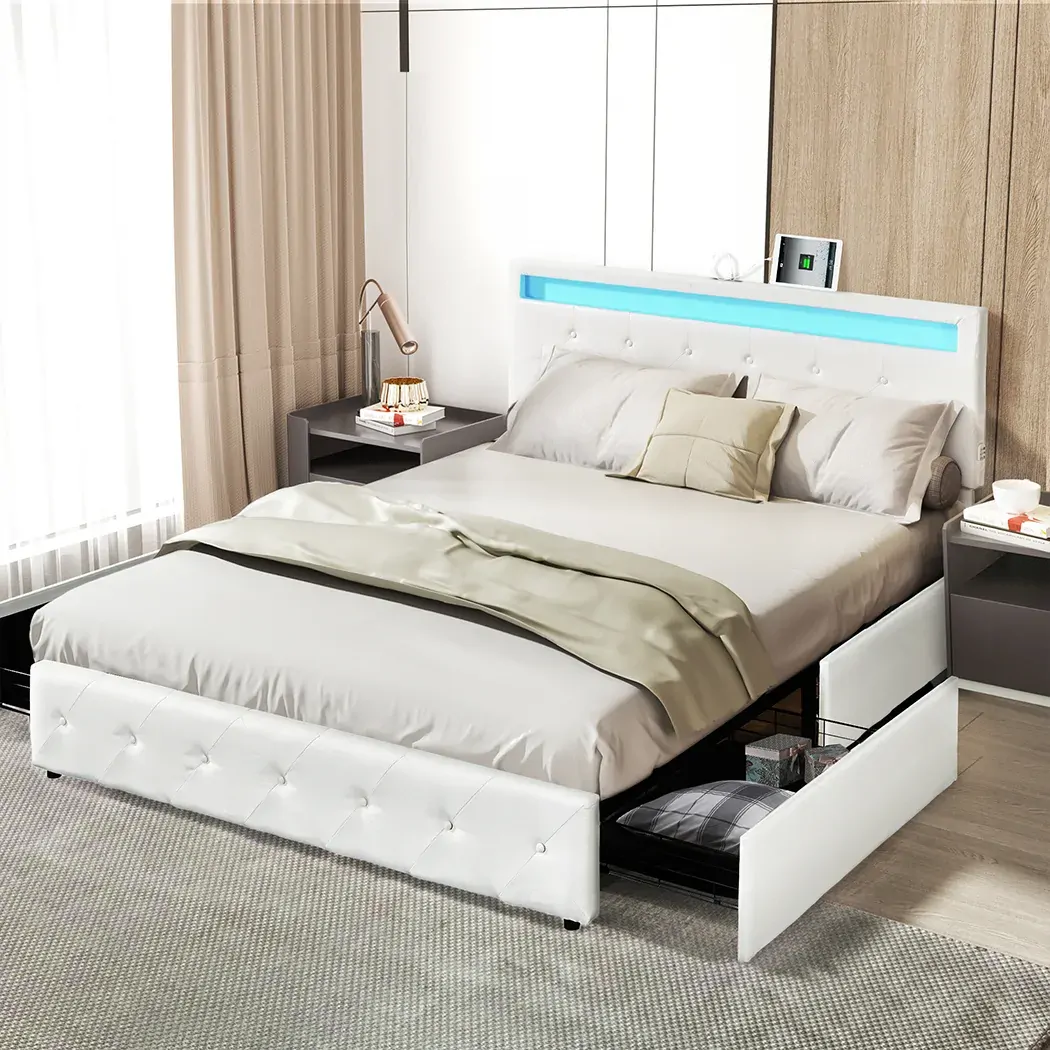 Queen Bed Frame RGB LED PU 4 Drawer USB Price