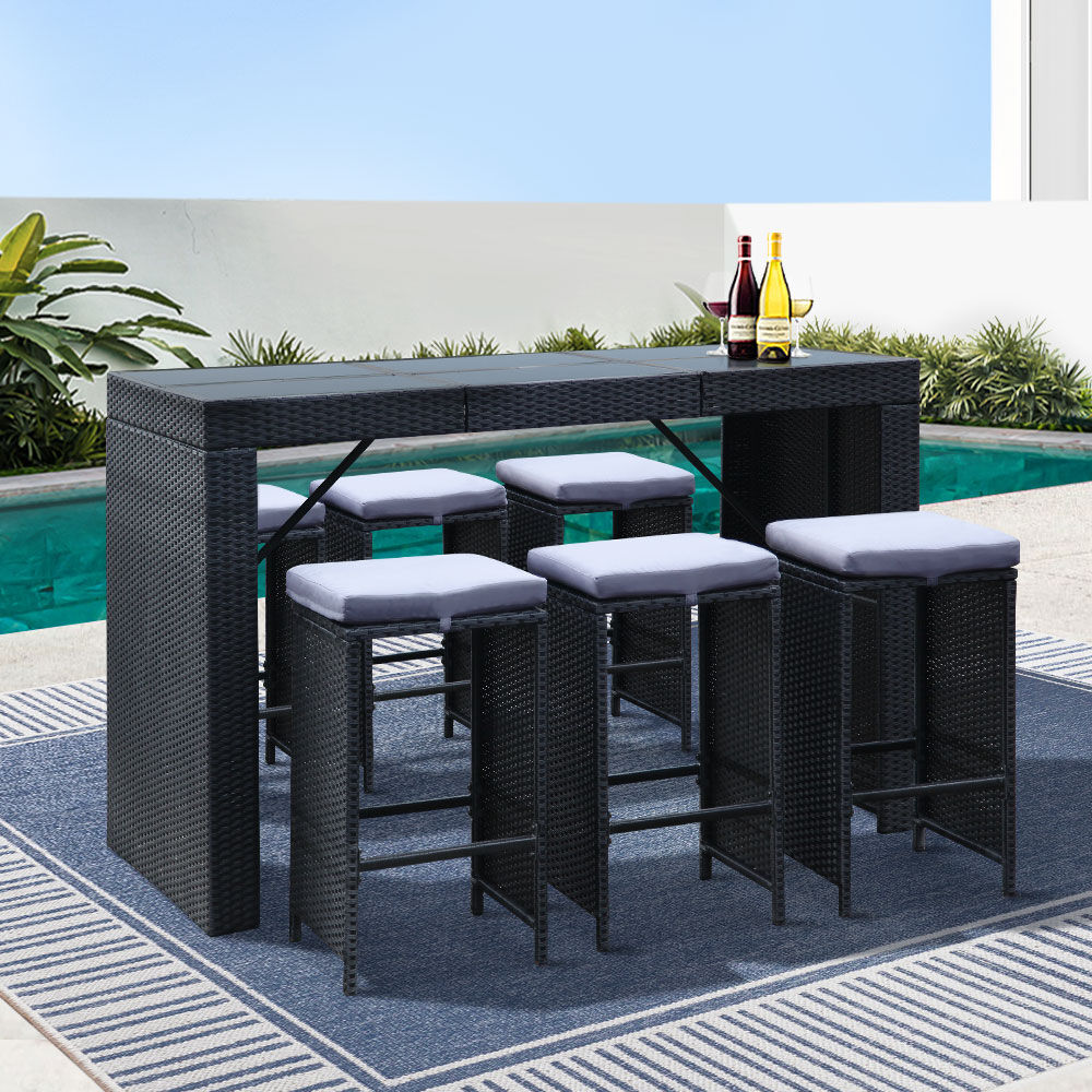Gardeon 7-Piece Outdoor Bar Set Dining Table Stools Wicker Patio Setting Price