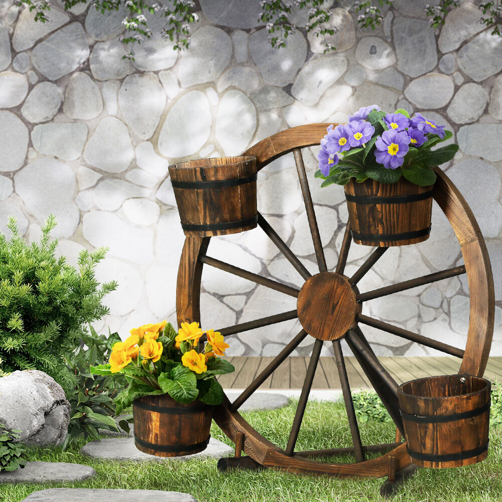 Gardeon Garden Decor Plant Stand Outdoor Ornament Wooden Wagon Wheel 80cm Price