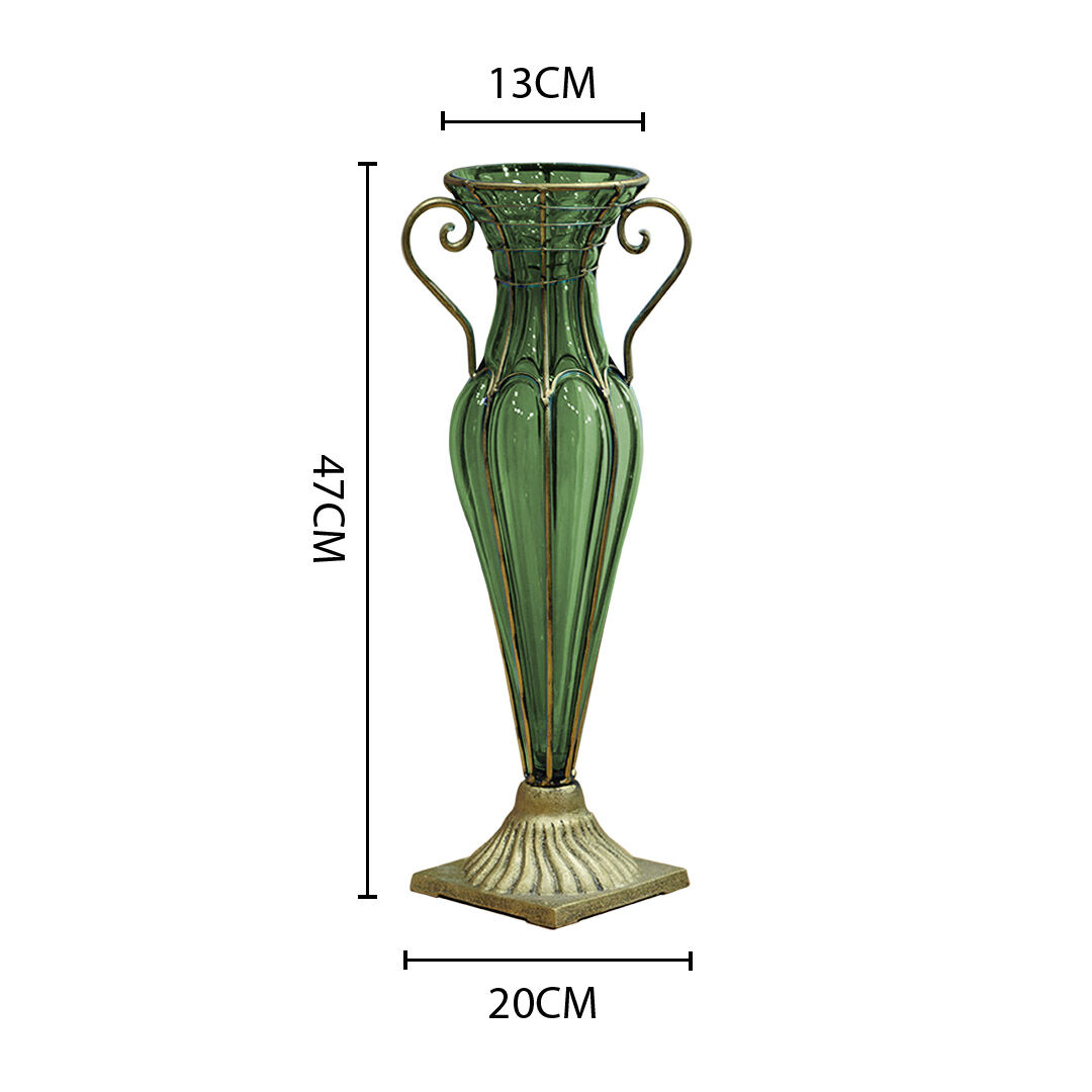 green colored european glass flower vase solid base with two gold metal handle Price