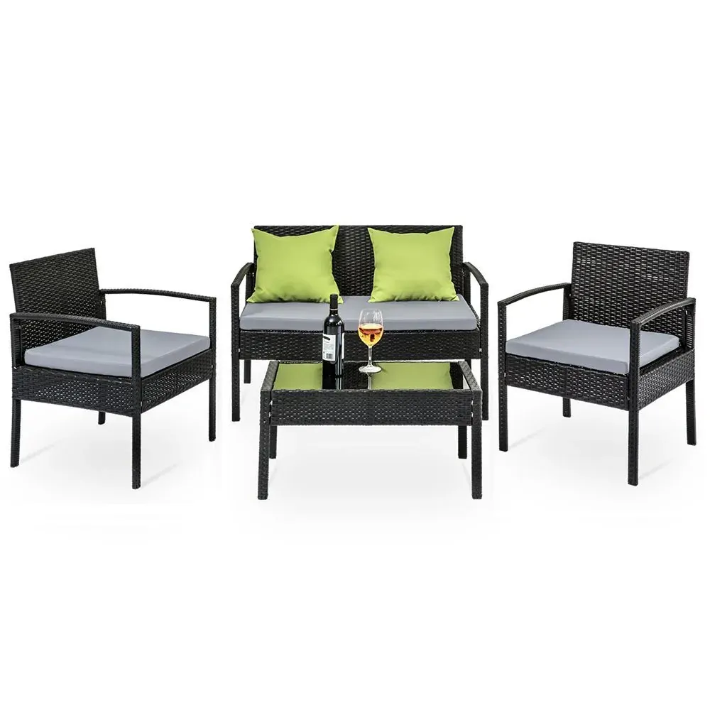 4 Seater Sofa Set Outdoor Furniture Lounge Setting Wicker Chairs Table Rattan Lounger Bistro Patio Garden Cushions Black Price