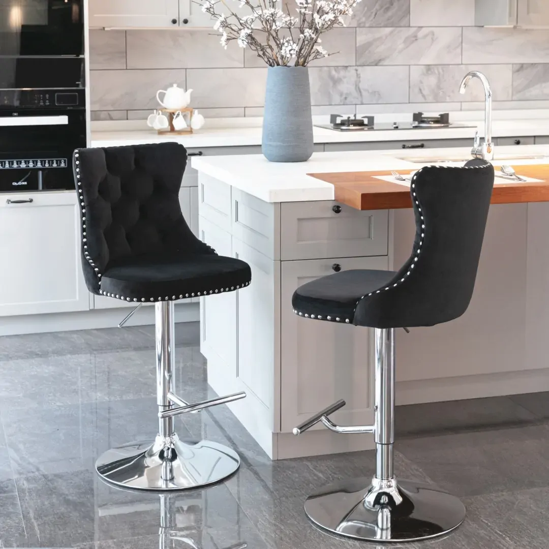 2x Height Adjustable Swivel Bar Stool Velvet Studs Barstool with Footrest and Chromed Base Price