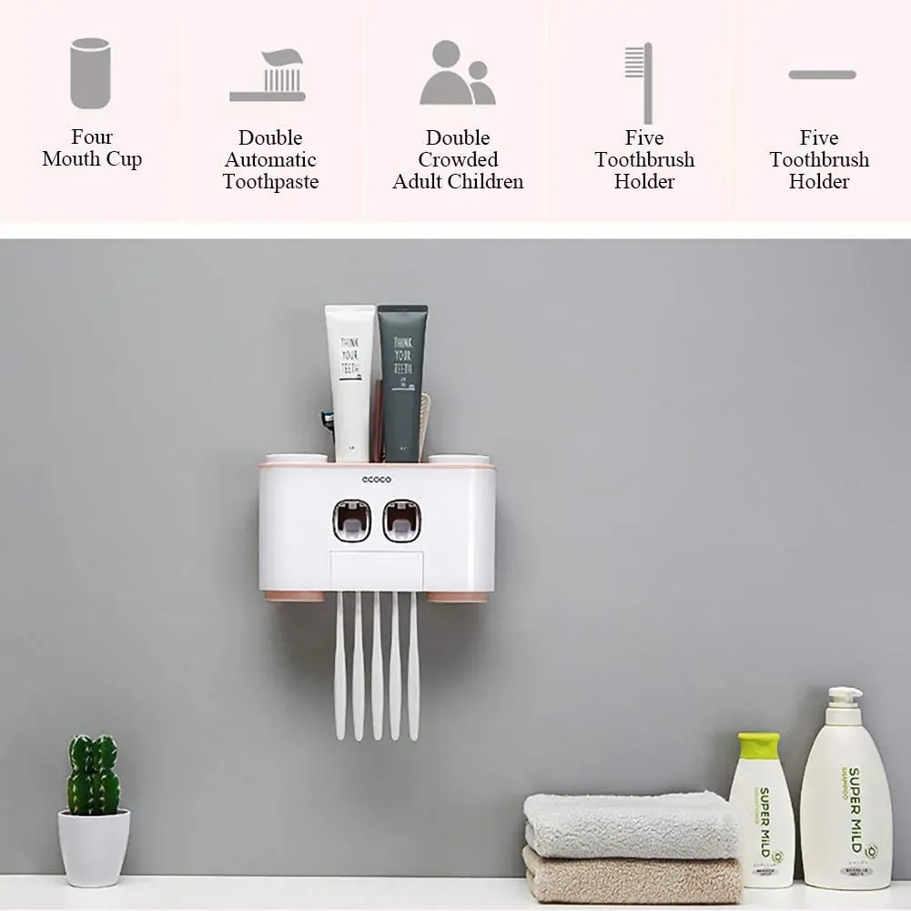 Ecoco Wall-Mounted Toothbrush Holder with 2 Toothpaste Dispensers 4 Cups and 5 Toothbrush Slots Toiletries Bathroom Storage Rack Price