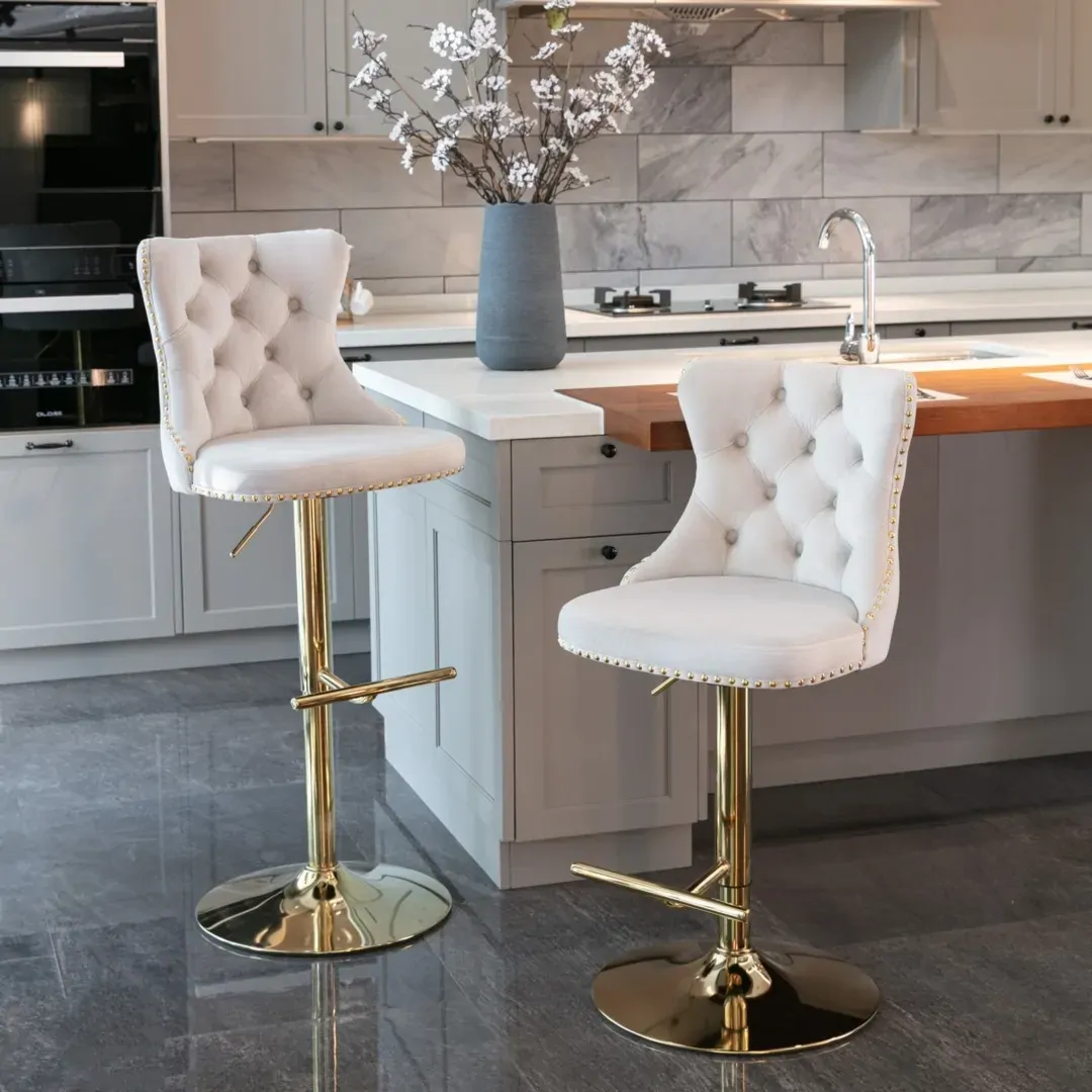 2x Height Adjustable Swivel Bar Stool Velvet Studs Barstool with Footrest and Golden Base Price
