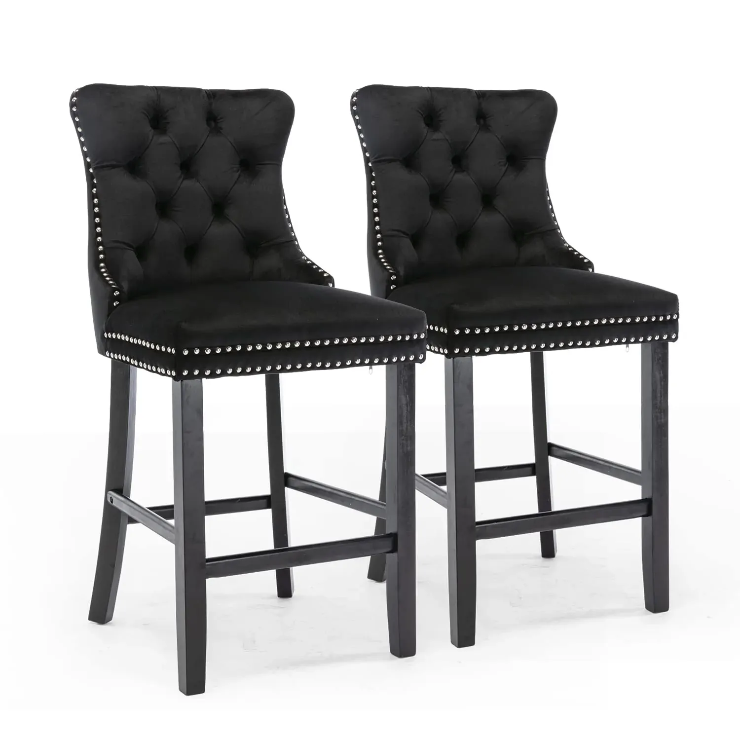 2X Velvet Bar Stools with Studs Trim Wooden Legs Tufted Dining Chairs Kitchen Price