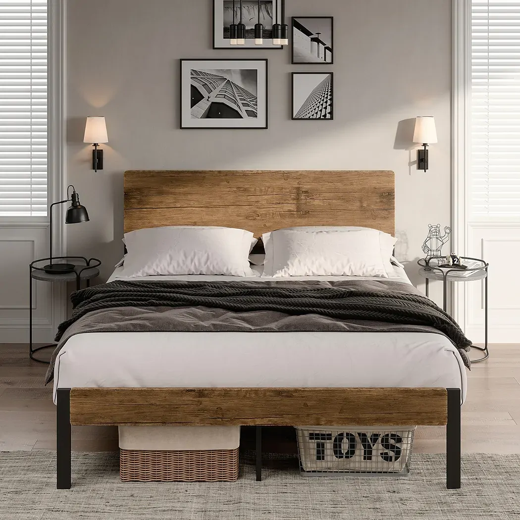 Adrian Metal Bed Frame Mattress Base Platform Wooden Headboard Brown Price