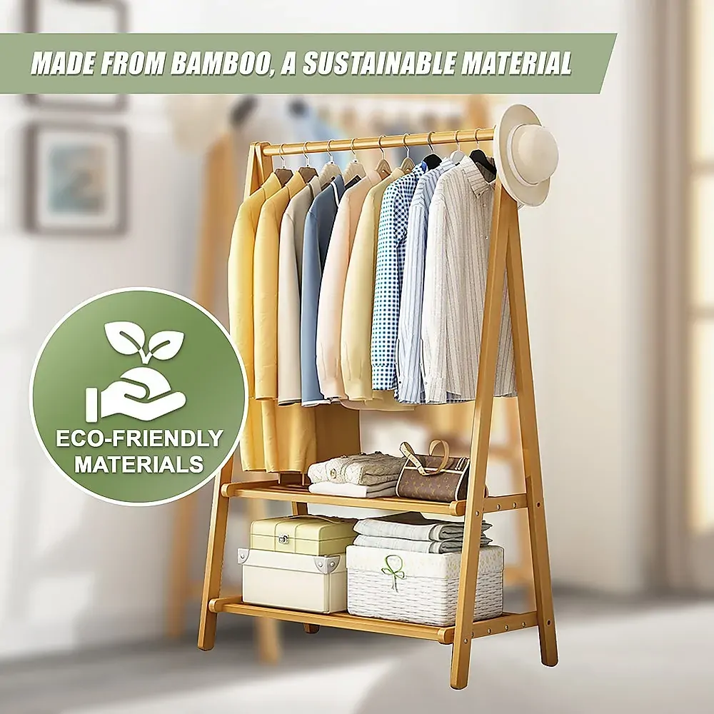 Portable Clothes Rack Coat Garment Stand Bamboo Rail Hanger Airer Closet.. Price