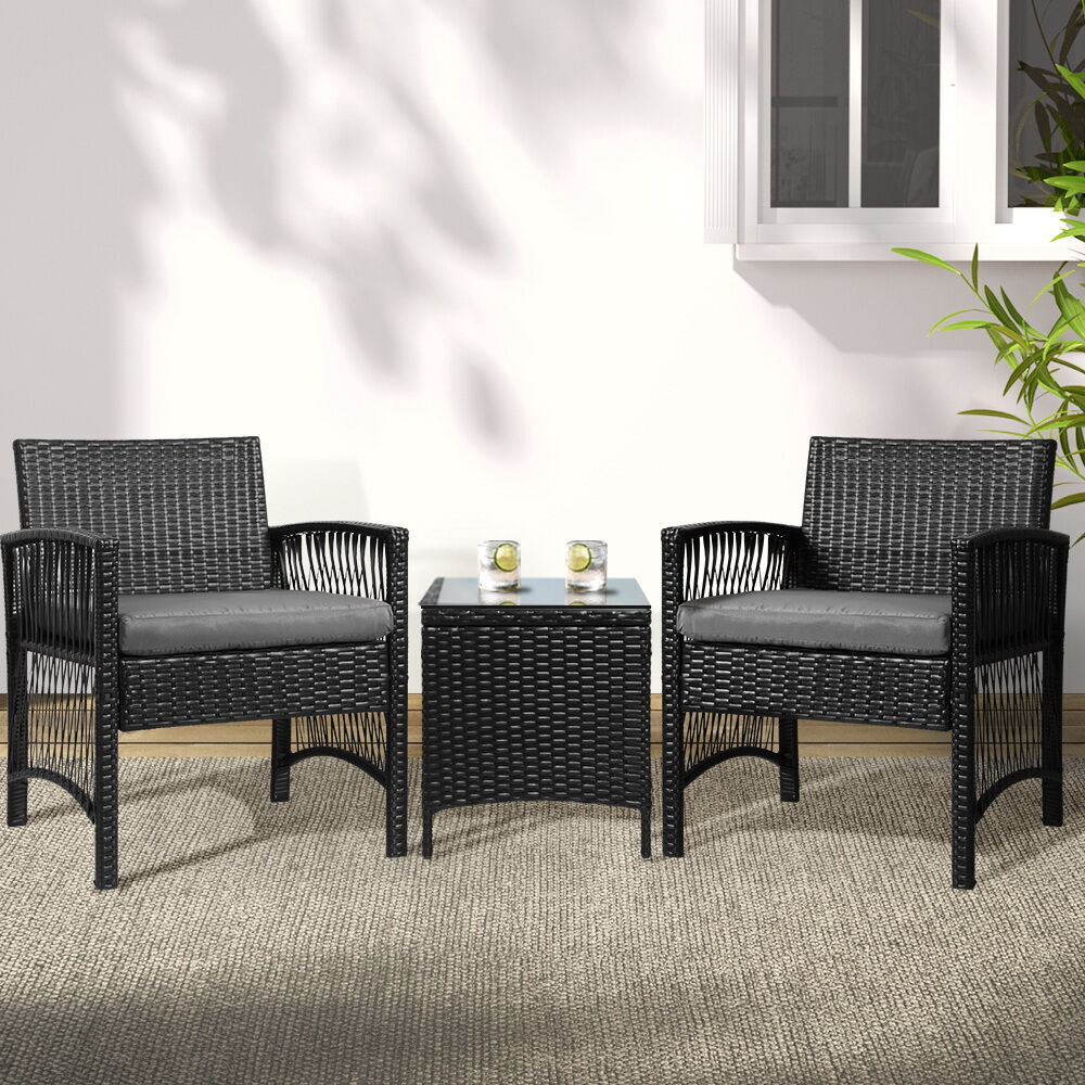 3PC Outdoor Bistro Set Patio Furniture Wicker Dining Chairs Table Cushion Black Price