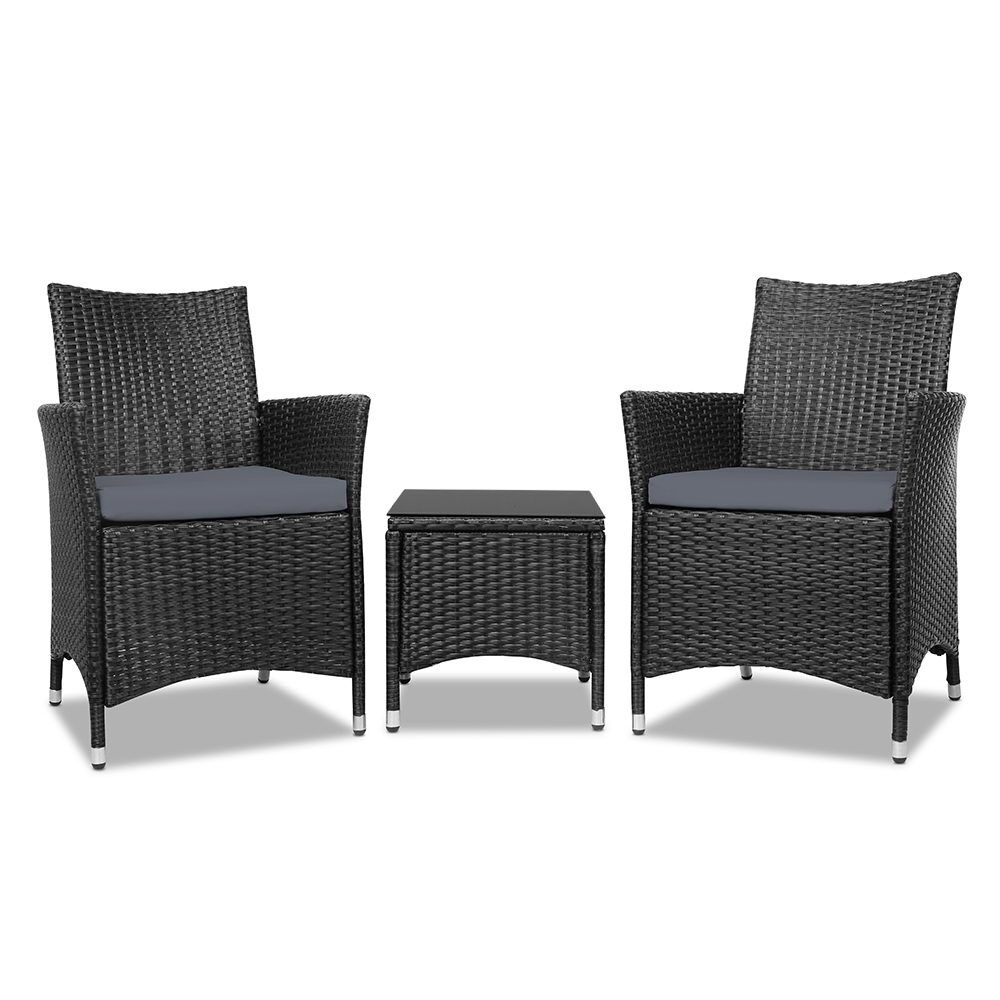 Gardeon 3PC Outdoor Bistro Set Patio Furniture Wicker Chairs Table Cushion All Black Price