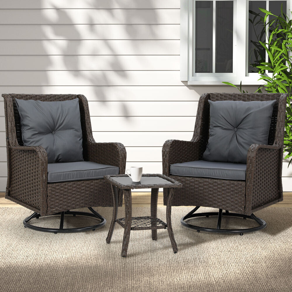 Gardeon 3PC Outdoor Furniture Bistro Set Lounge Wicker Swivel Chairs Table Cushion Black Price