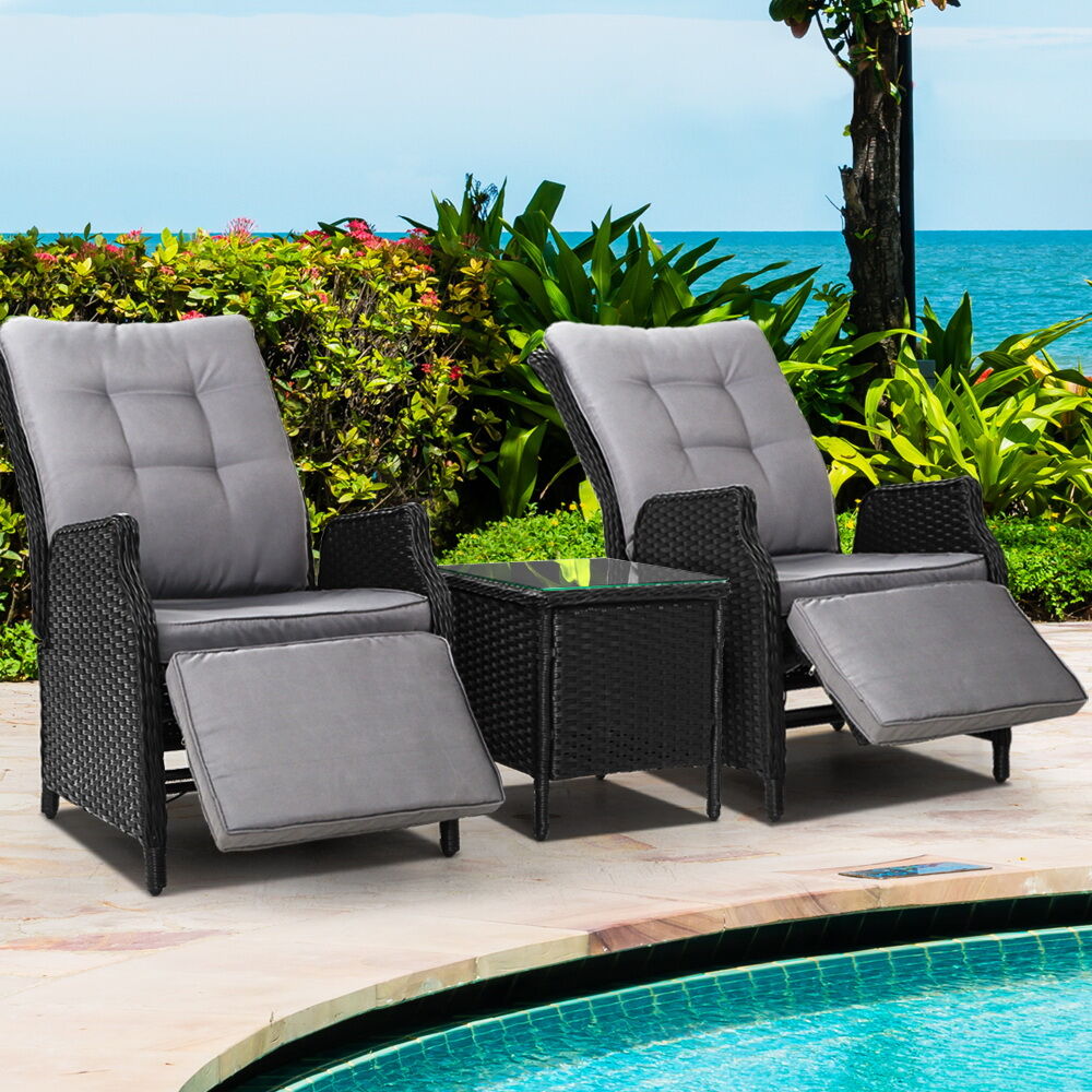 Gardeon 3PC Recliner Chairs Table Sun lounge Outdoor Furniture Wicker Adjustable Black Price