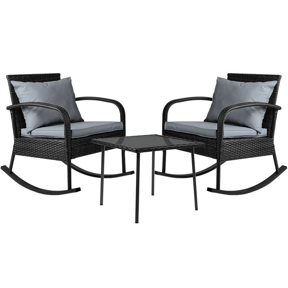 3PC Rocking Chair Table Wicker Outdoor Furniture Patio Bistro Set Black Price