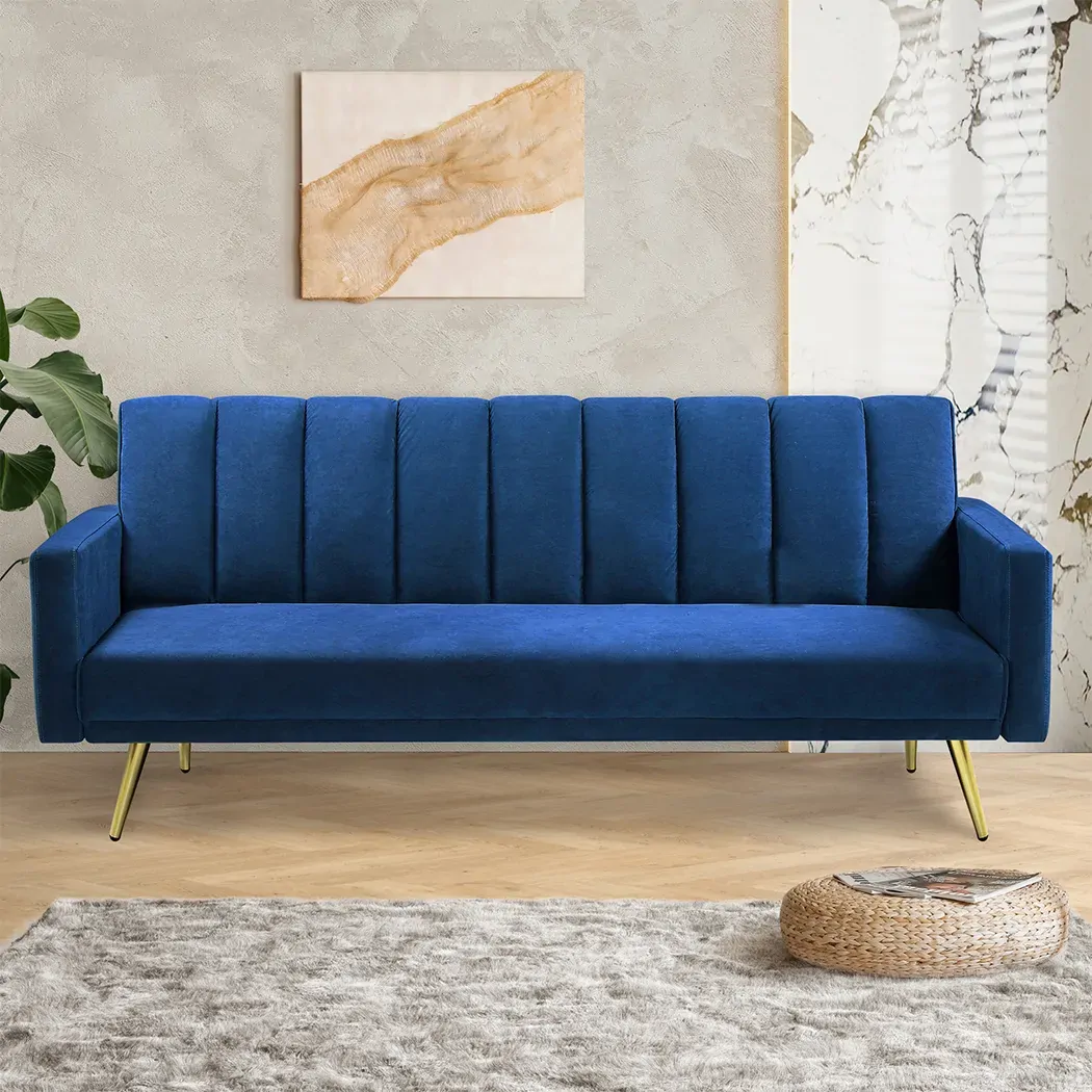 Sofa Bed Convertible Velvet Lounge Recliner Couch Sleeper 3 Seater Blue Price