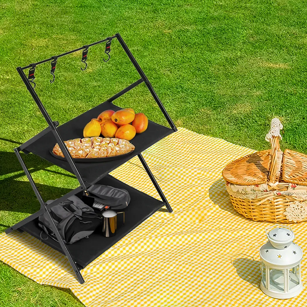 Foldable Camping Storage Shelves 2 Layer with Hooks Black Price