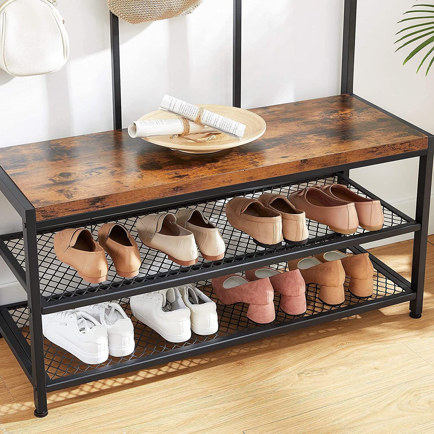 Large Coat Rack Stand with 12 Hooks and Shoe Bench Rustic Brown and Black Price