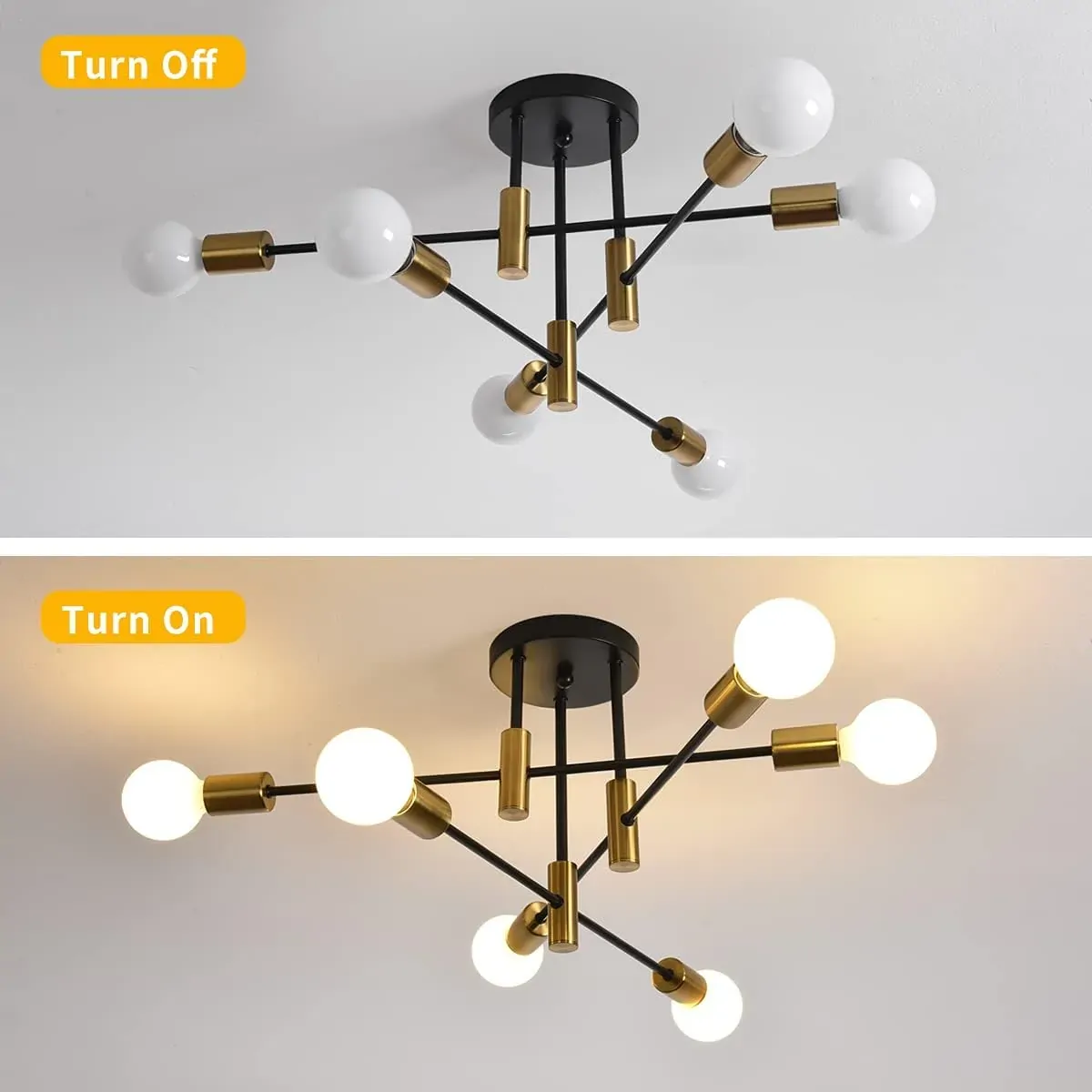 Mid Century Chandelier Modern, 6-Light , Black & Gold Price