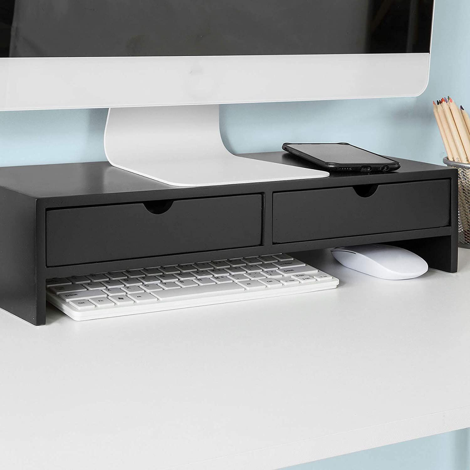 Black Monitor Stand Desk Organizer with 2 Drawers Price