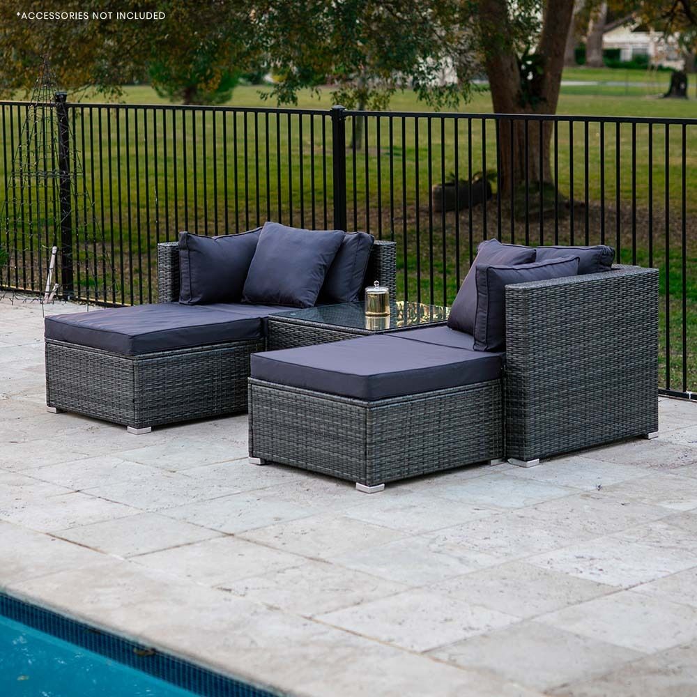 LONDON RATTAN 4 Seater Modular Outdoor Lounge Setting with Coffee Table, Ottomans, Grey Price