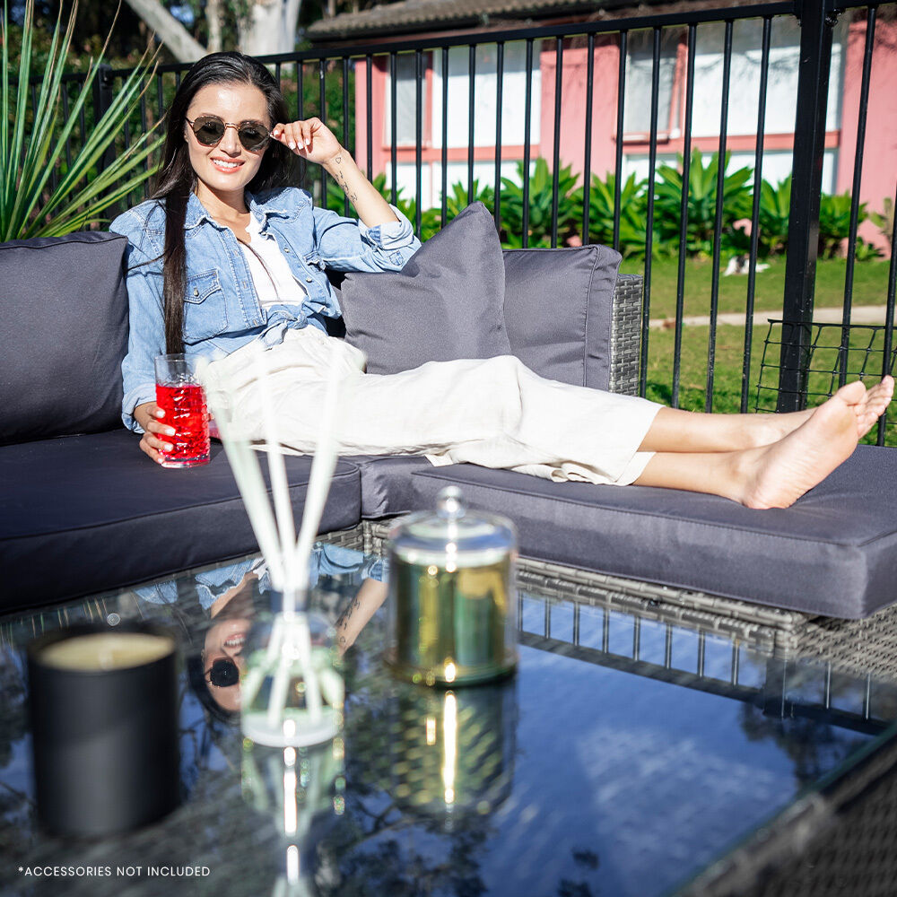 LONDON RATTAN 5 Seater Modular Outdoor Lounge Setting with Coffee Table, Ottoman, Grey Price