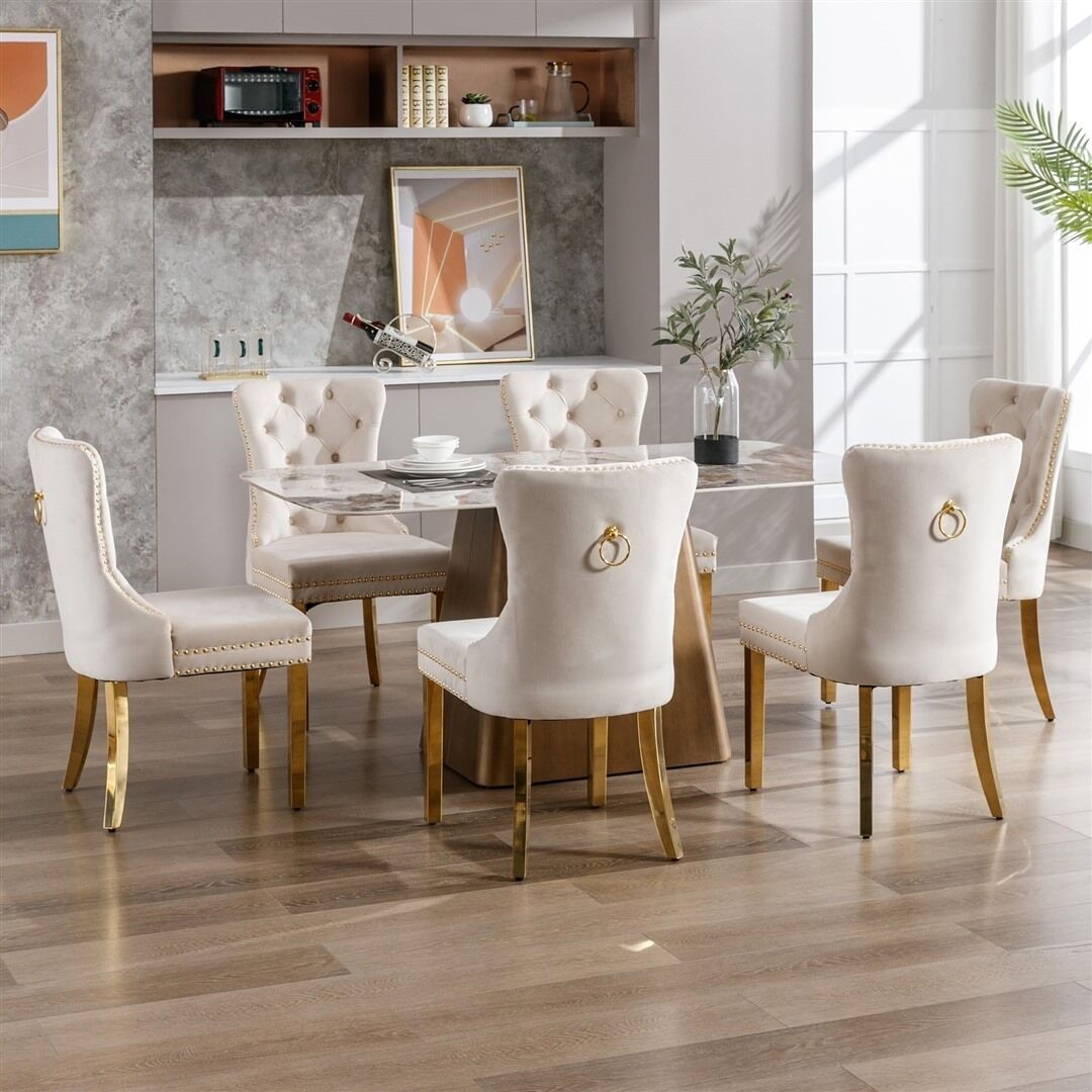 AADEN 6x Velvet Dining Chairs with Golden Metal Legs-Beige Price