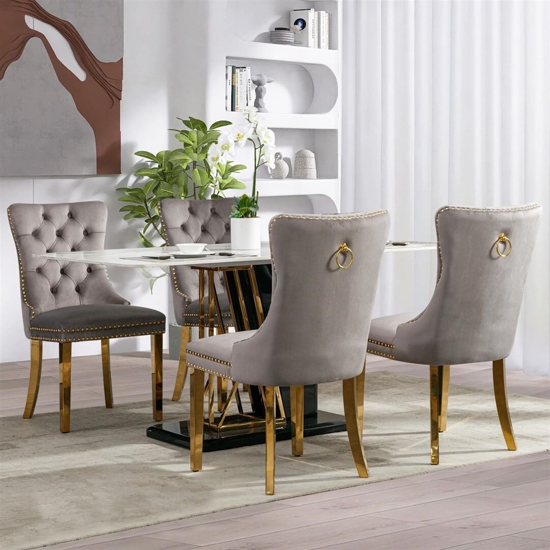 AADEN 8x Velvet Dining Chairs with Golden Metal Legs-Grey Price