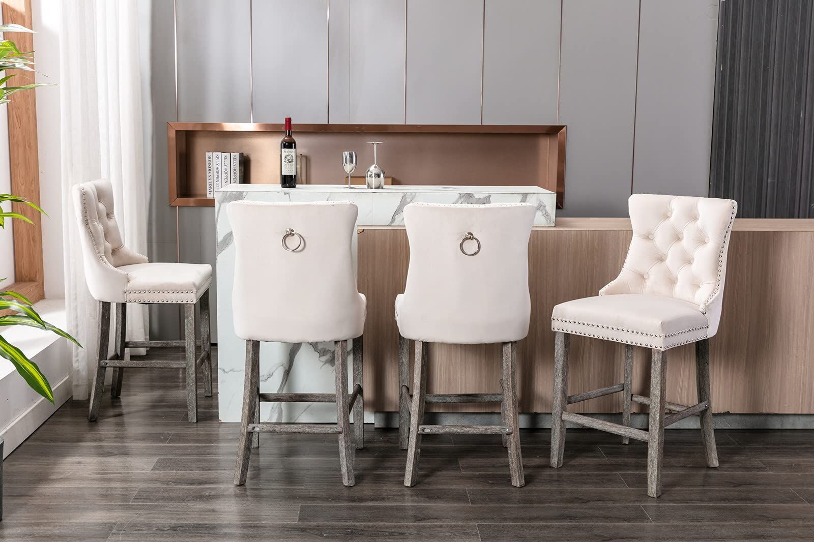 2X Velvet Bar Stools with Studs Trim Wooden Legs Tufted Dining Chairs Kitchen Price