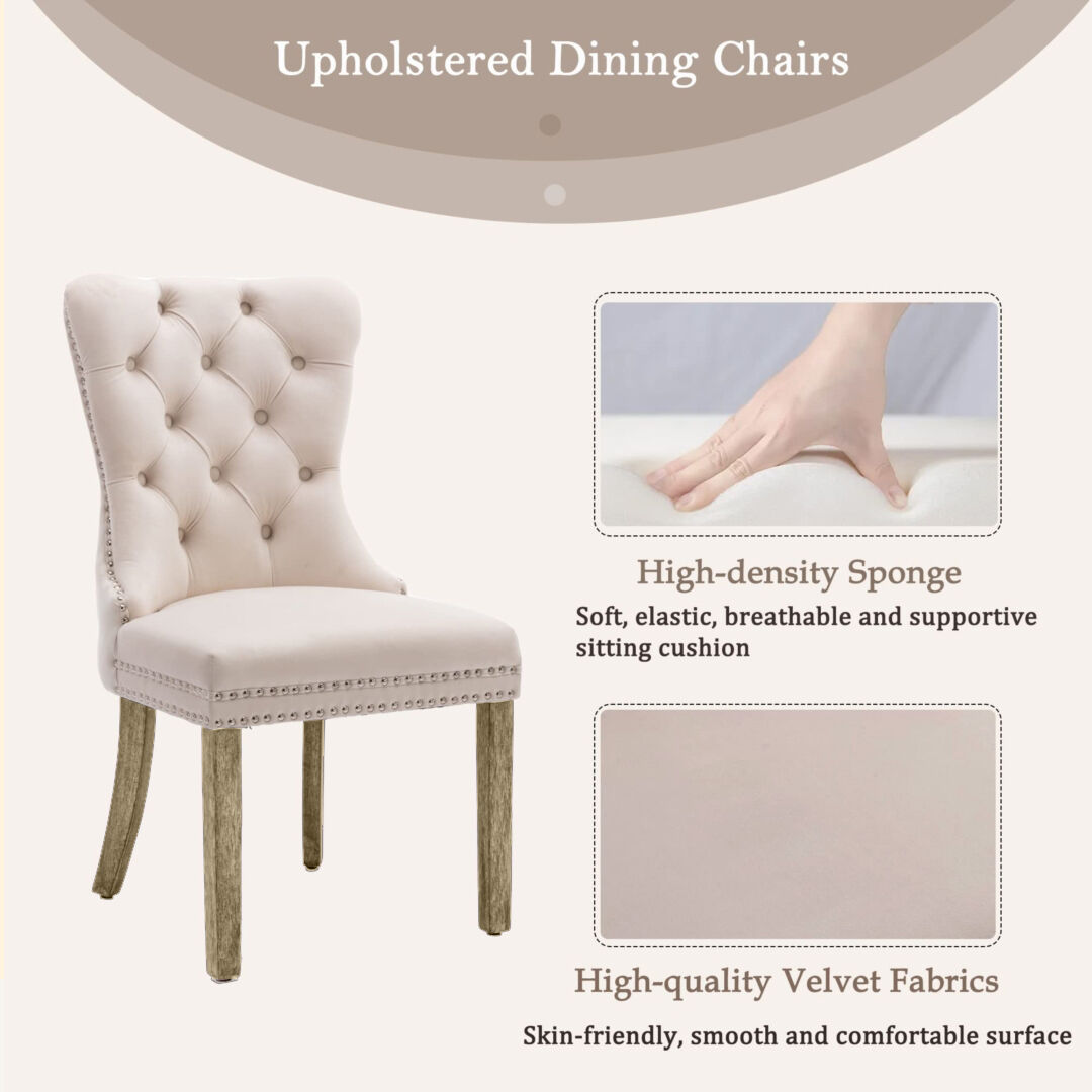 4x Velvet Dining Chairs Upholstered Tufted Kithcen Chair with Solid Wood Legs Stud Trim and Ring-Beige Price