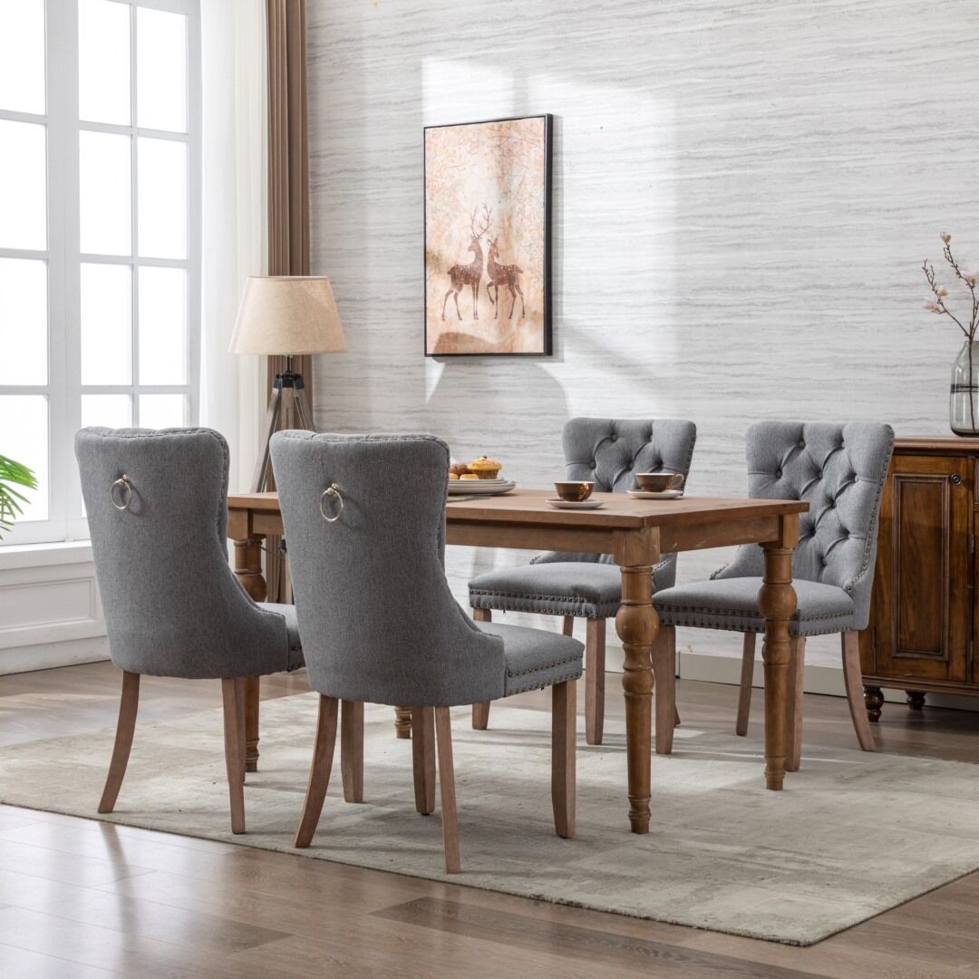 AADEN Modern Elegant Button-Tufted Upholstered Fabric with Studs Trim and Wooden legs Dining Side Chair-Gray Price