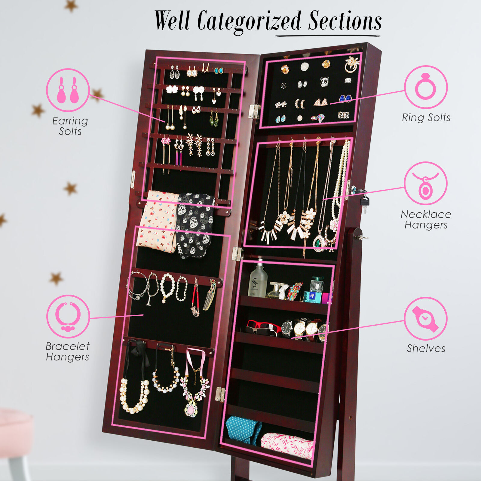 Mirror Jewellery Cabinet Storage Organiser LUVO 146cm WALNUT Price