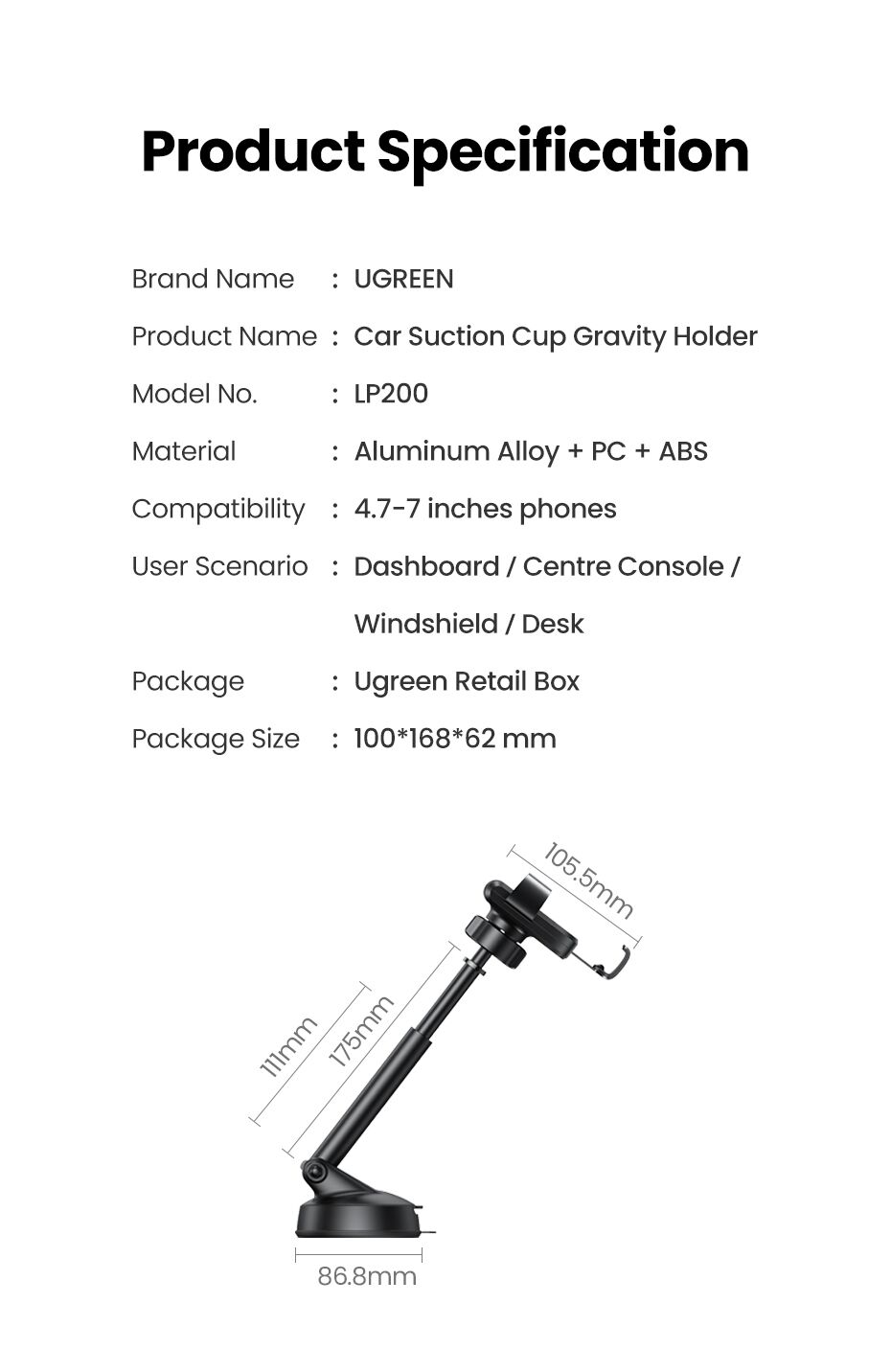 UGREEN 60990 Gravity Phone Holder with Suction Cup (Black) Price